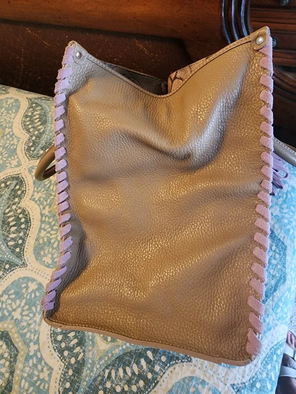 Claudia Firenze Embossed Boho Floral Leather Tote Bag with Tassels - Pink Brown